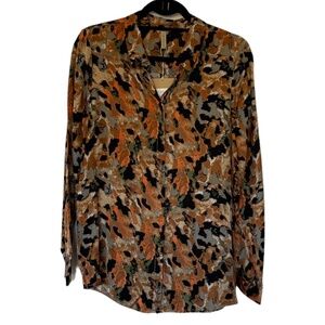 New With Tags Woven Button-Down Blouse in Rust Multi-Print